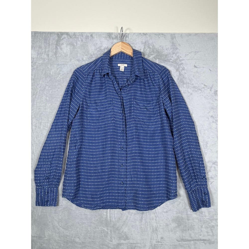 J.Crew Silk Polka Dot Button Up Blouse 6 Blue Long Sleeve Workwear